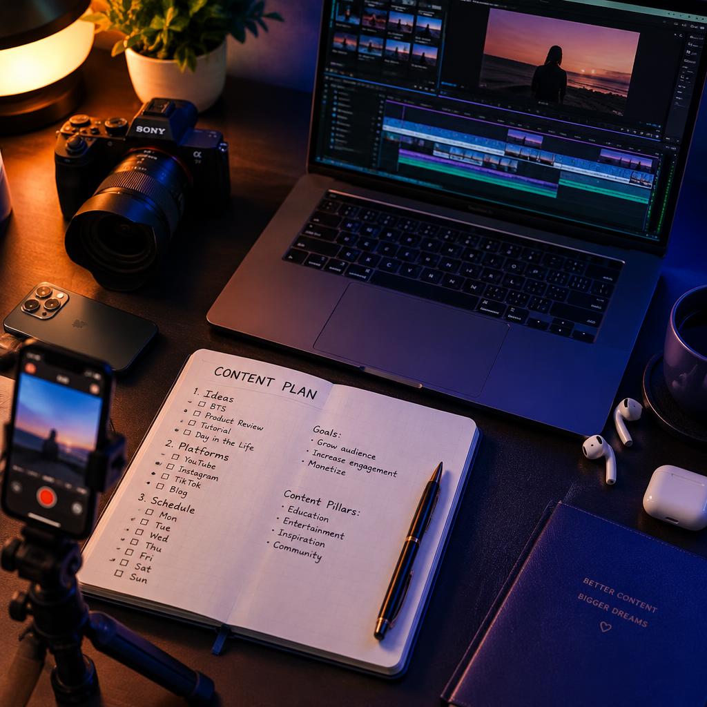 Creative workspace with camera, laptop and content plan